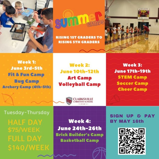 Summer is coming fast—don’t miss out! 🌞 

Whether you're scoring goals, shooting hoops, cheering loud, being creative, or exploring the world of bugs—there’s a perfect camp for everyone! 🏀⚽📣🧱🐞 

Spots are filling up quickly, so sign up today AND invite your friends before it’s too late! 

👉 To register, go to: https://clarksvillechristianschool.org/community/summer-programs/